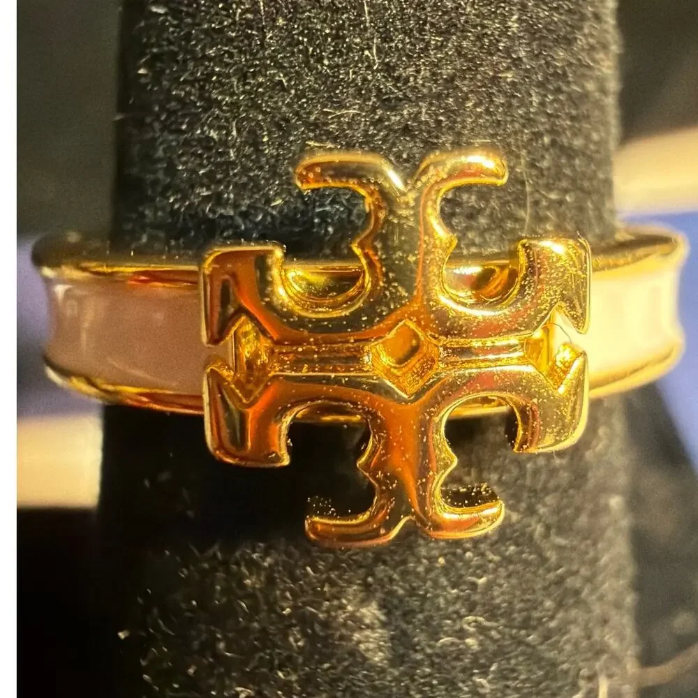 Tory Burch Icon Enamel Ring Gold & White Size 6.5 Double T Logo NWOT
